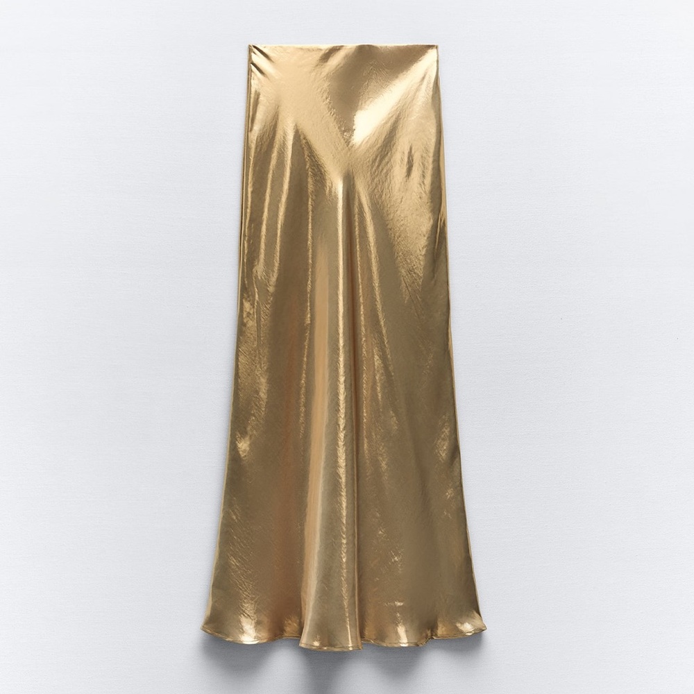 Gold Satin Midi Skirt